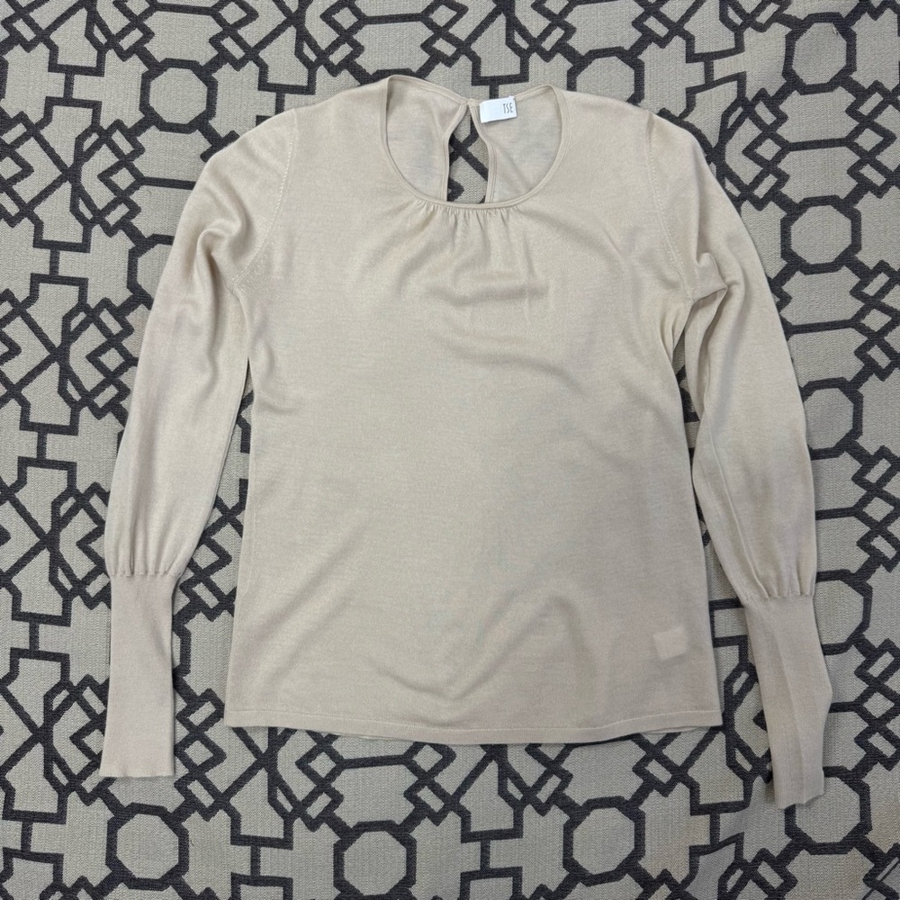 TSE Cashmere Gathered Neck Back Keyhole Sweater Beige Sz XL